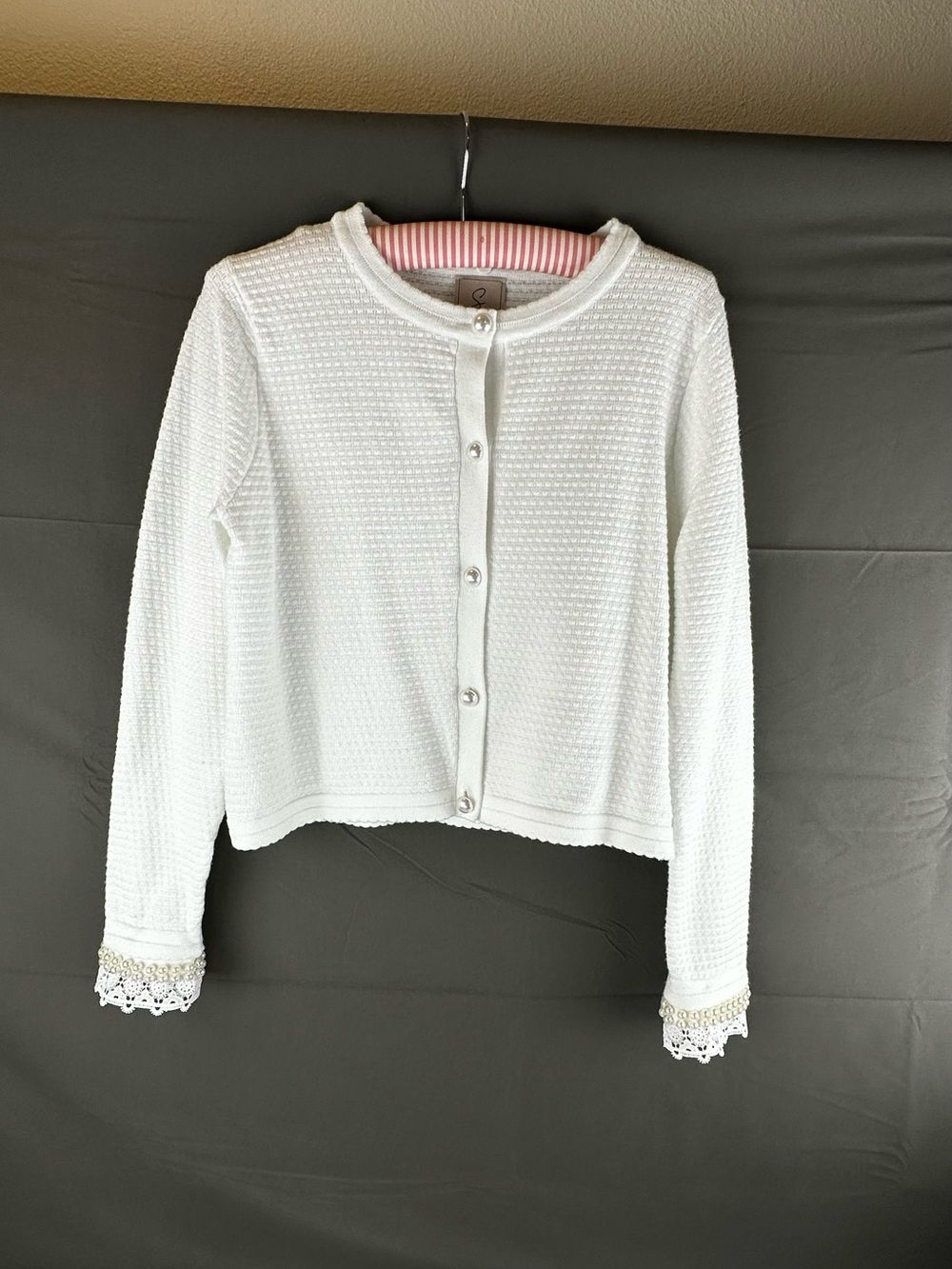 Sioni White Textured Button-Front Cardigan with Lace & Bead Cuffs